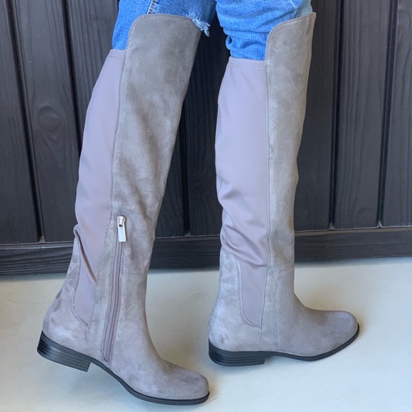 Steel Grey Genuine Suede Neoprene Knee High Boots - Picture 4 of 4